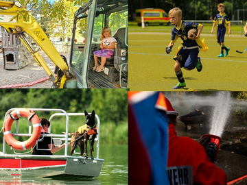 Eine Collage aus vier Bildern, wo Kinder, Feuerwehr und ein Rettungshund zu sehen sind. 